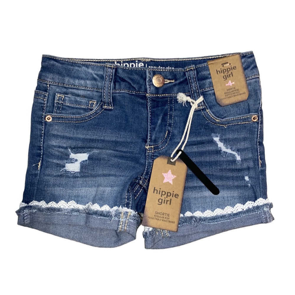 Girls Hippie Girl Denim Blue Jean Shorts with white lace trim Size 4 NWT